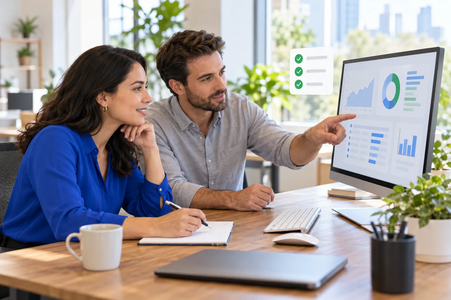 Two health plan analysts at a desk reviewing a claims dashboard on a monitor, one pointing at the charts.
