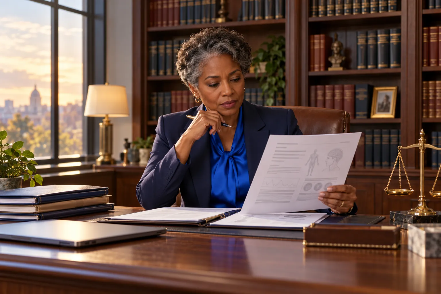 An attorney in a law library office reviewing a medical record, with scales of justice on the desk.