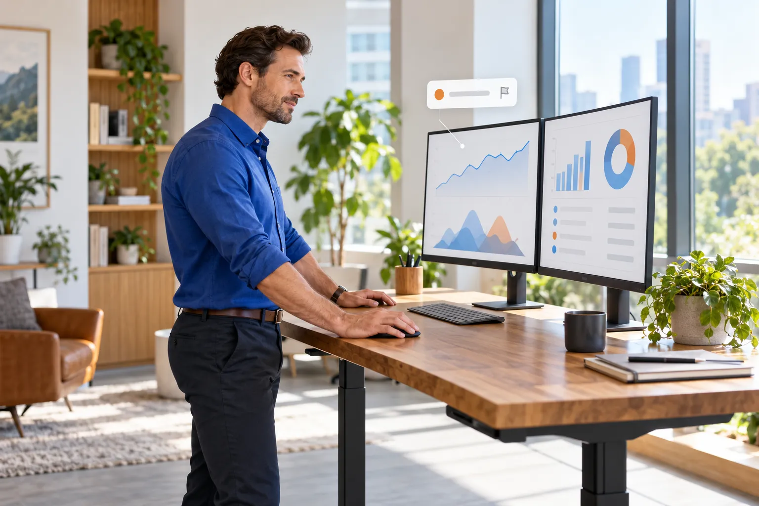 A risk analyst at a standing desk studying large-claim trend charts across two monitors, with one claim flagged.